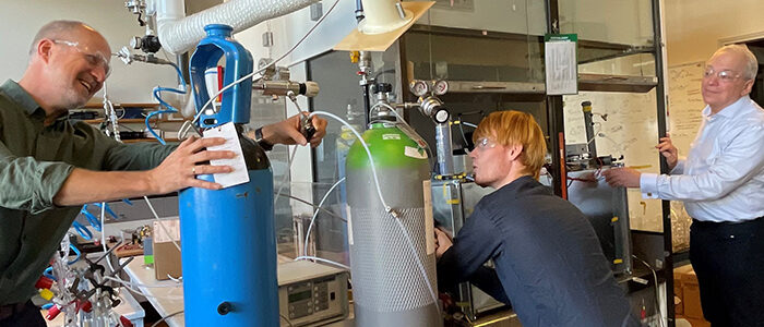 The methane removal invention is currently being developed at University of Copenhagen labs in collaboration with the start-up Ambient Carbon. Left to right: CEO Matthew Johnson, R&D scientific researcher Morten Krogsbøll, COO & Chair, David Miller. Photo, Jes Andersen.