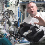 Andreas Mogensen with the Virtual Reality headset used to provide Syncsenses' nature experiences during execersise on the International Space Station. Photo: ESA / NASA ISS-Video